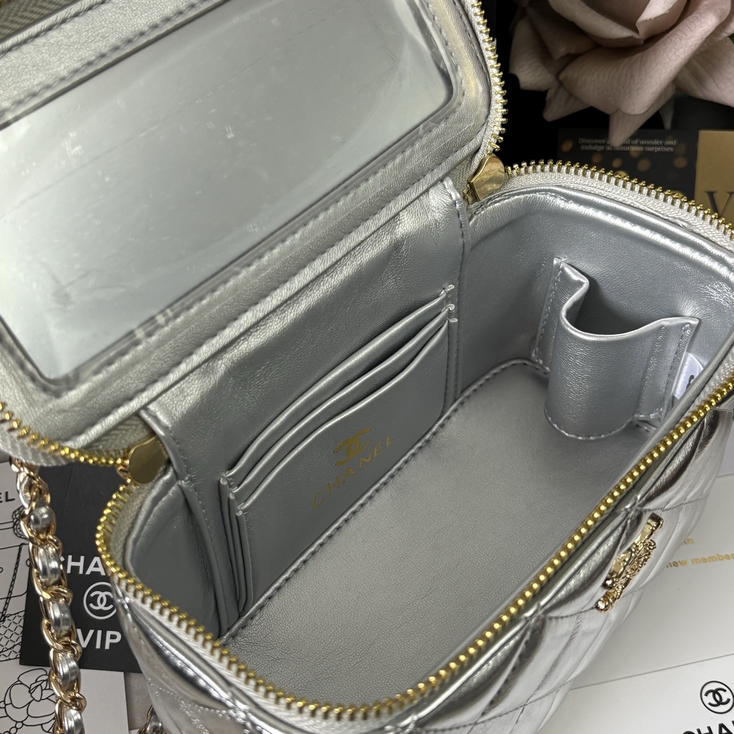Chanel 23K Silver Camellia Handle Box Bag