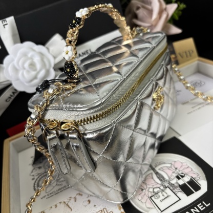 Chanel 23K Silver Camellia Handle Box Bag