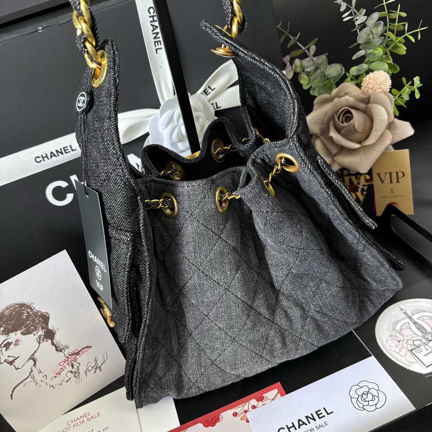 Chanel 25S Black Denim Hobo
