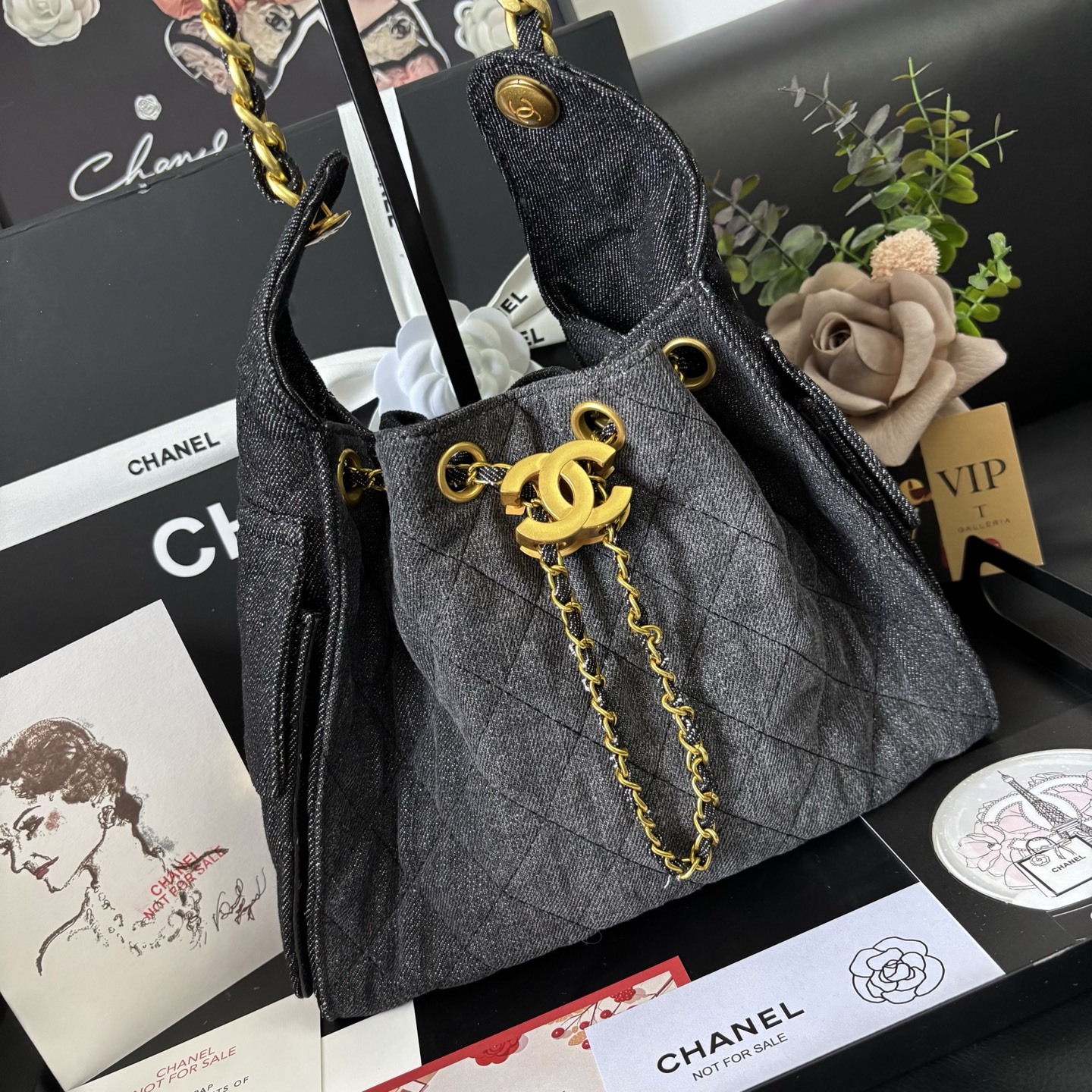 Chanel 25S Black Denim Hobo