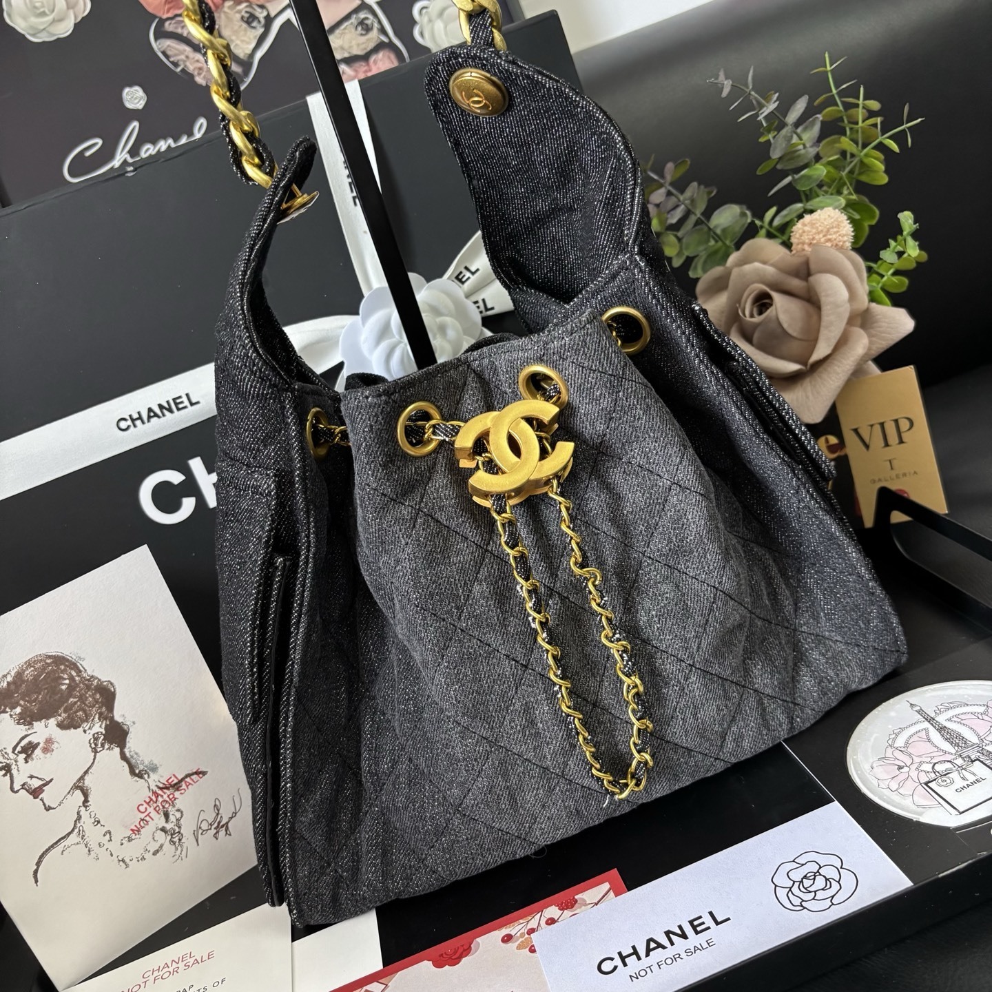 Chanel 25S Black Denim Hobo
