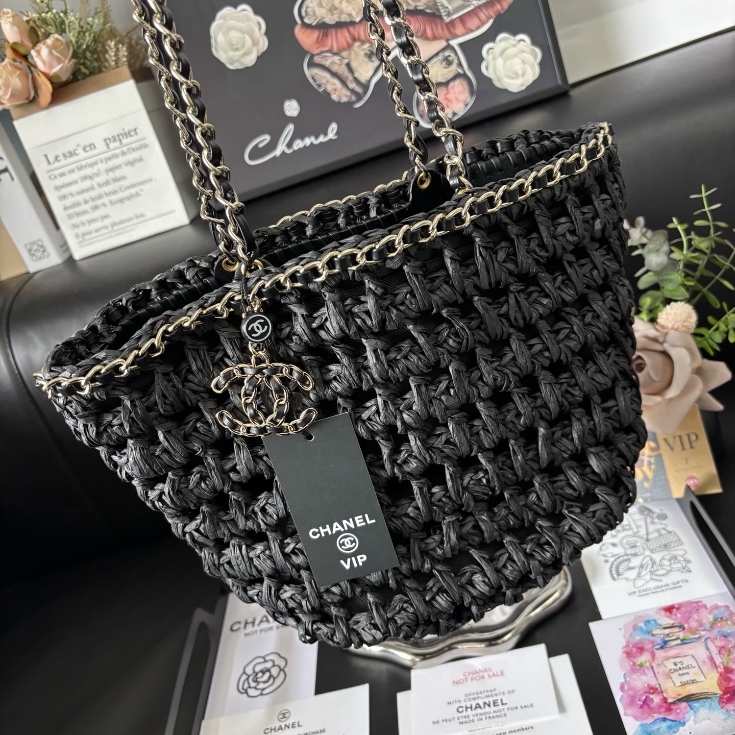 Chanel Black 23P Straw Bag