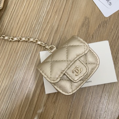 CHANEL Twin Pouch Set: Luxury Headphone Case & Round Coin Purse (Gold/Black) | Dust Bag + Gift Box
