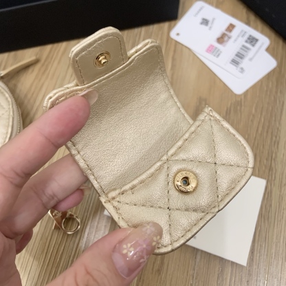 CHANEL Twin Pouch Set: Luxury Headphone Case & Round Coin Purse (Gold/Black) | Dust Bag + Gift Box