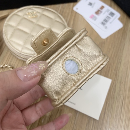 CHANEL Twin Pouch Set: Luxury Headphone Case & Round Coin Purse (Gold/Black) | Dust Bag + Gift Box