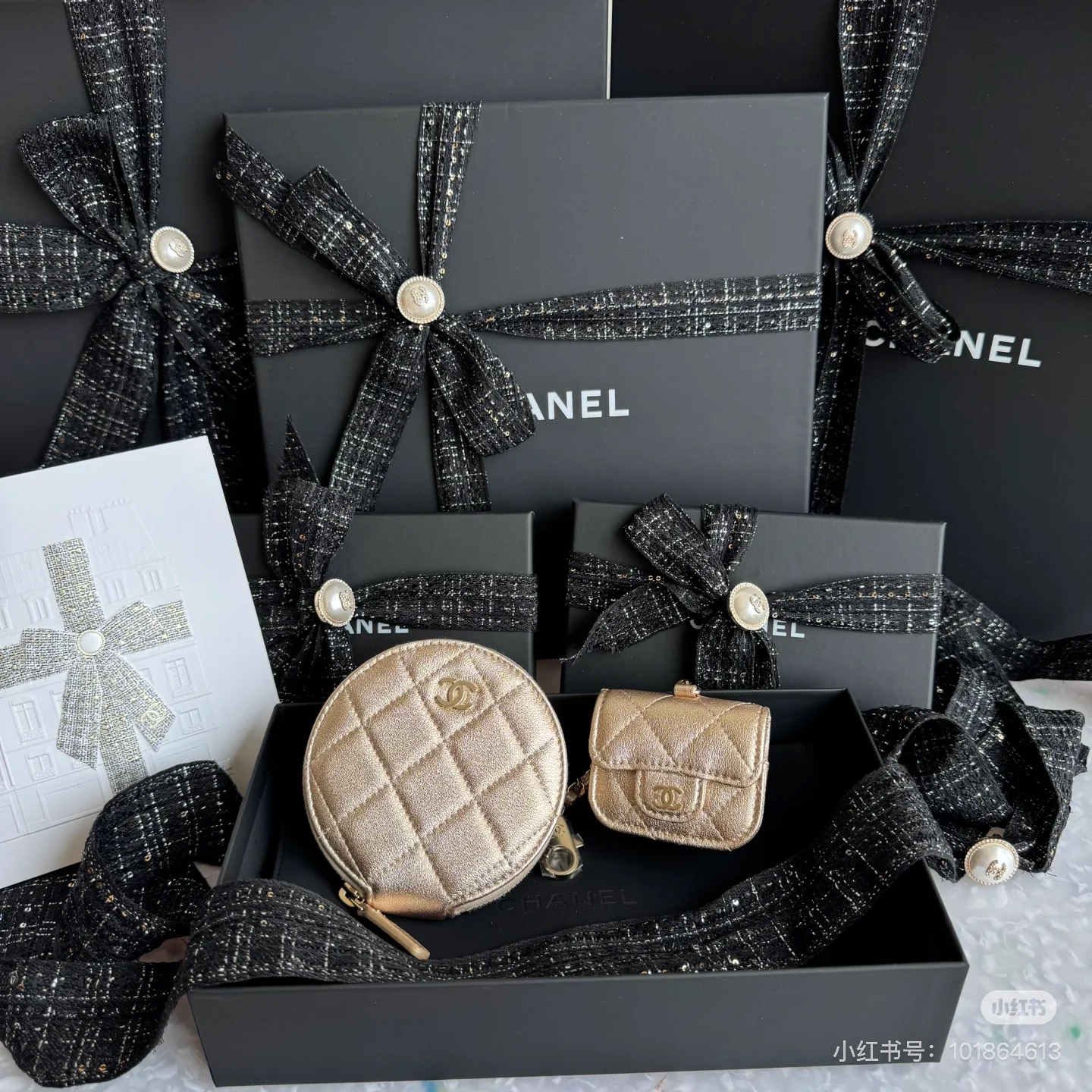 CHANEL Twin Pouch Set: Luxury Headphone Case & Round Coin Purse (Gold/Black) | Dust Bag + Gift Box