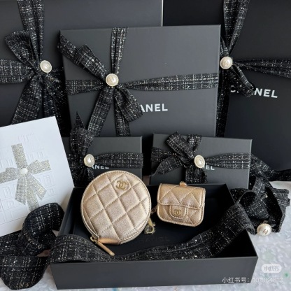 CHANEL Twin Pouch Set: Luxury Headphone Case & Round Coin Purse (Gold/Black) | Dust Bag + Gift Box