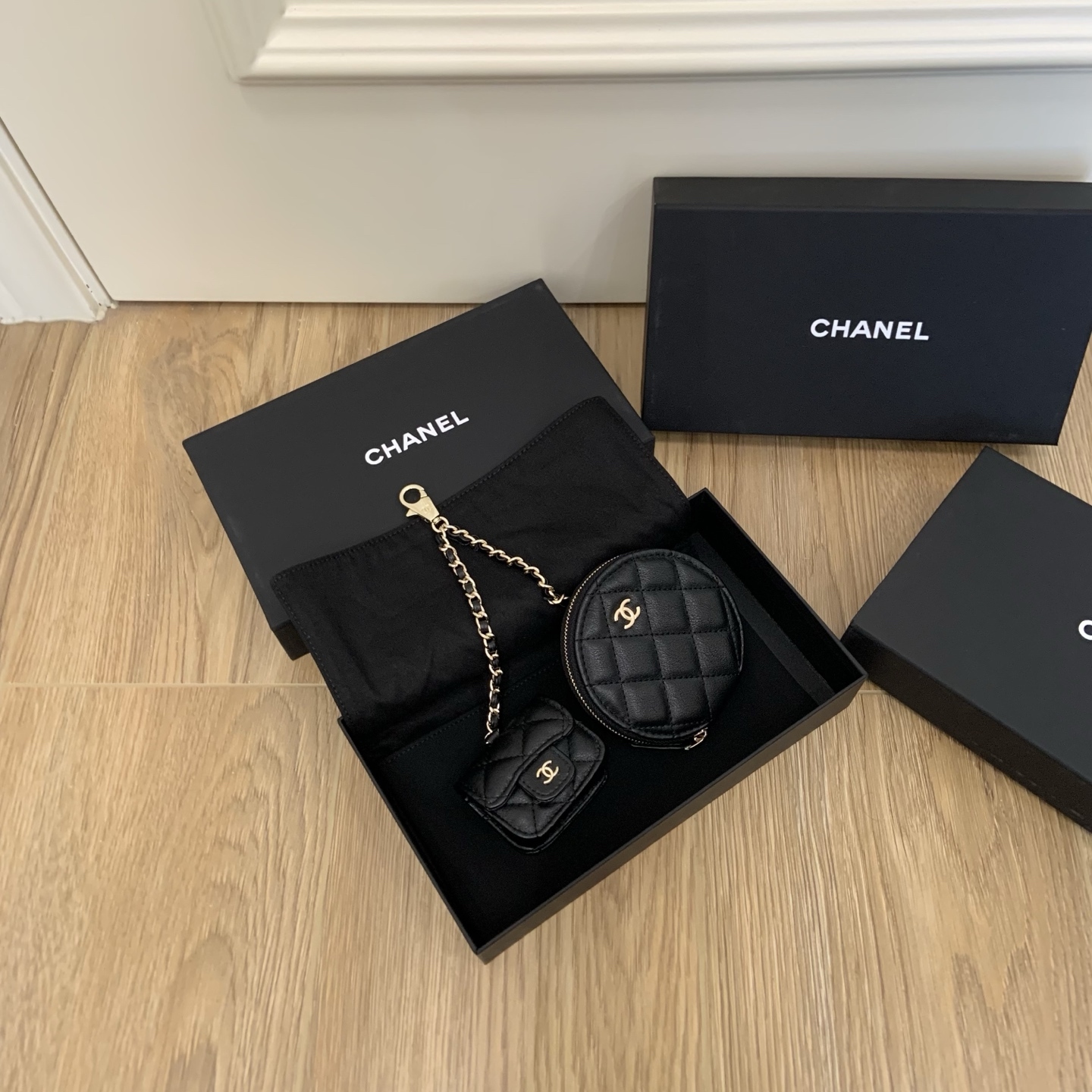 CHANEL Twin Pouch Set: Luxury Headphone Case & Round Coin Purse (Gold/Black) | Dust Bag + Gift Box