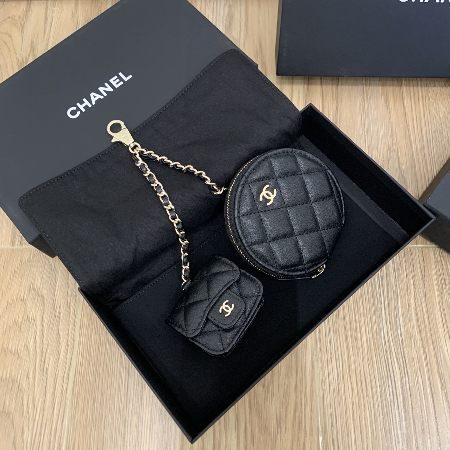 CHANEL Twin Pouch Set: Luxury Headphone Case & Round Coin Purse (Gold/Black) | Dust Bag + Gift Box
