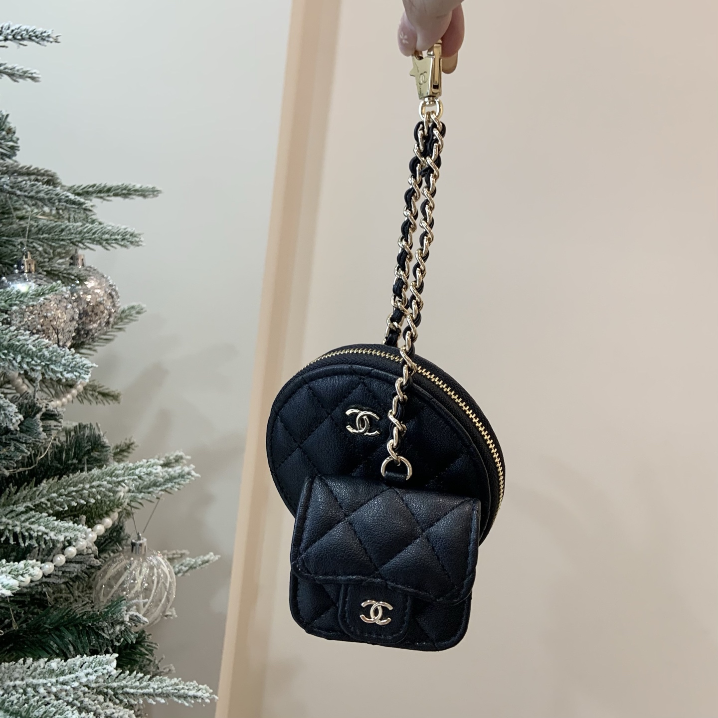 CHANEL Twin Pouch Set: Luxury Headphone Case & Round Coin Purse (Gold/Black) | Dust Bag + Gift Box