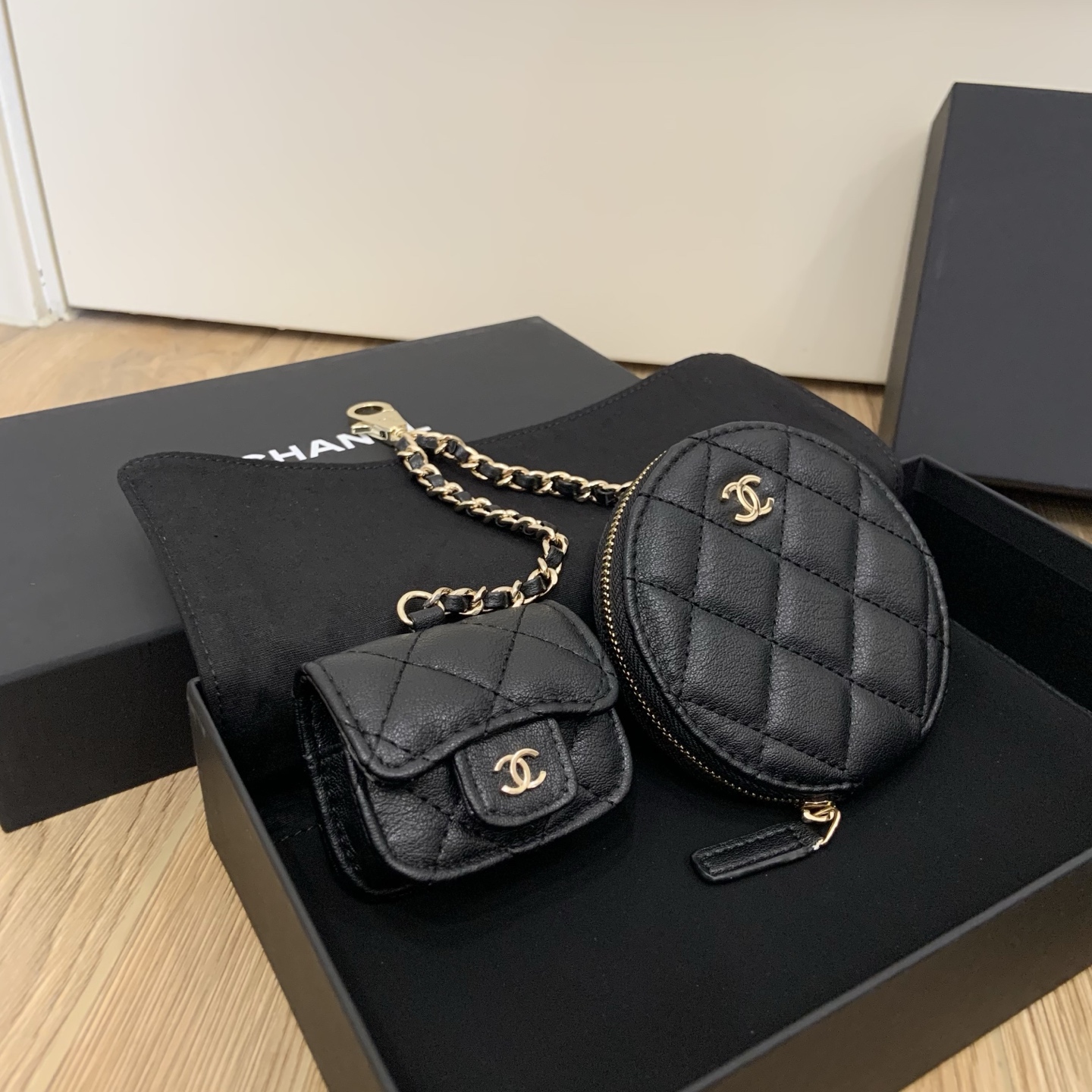 CHANEL Twin Pouch Set: Luxury Headphone Case & Round Coin Purse (Gold/Black) | Dust Bag + Gift Box