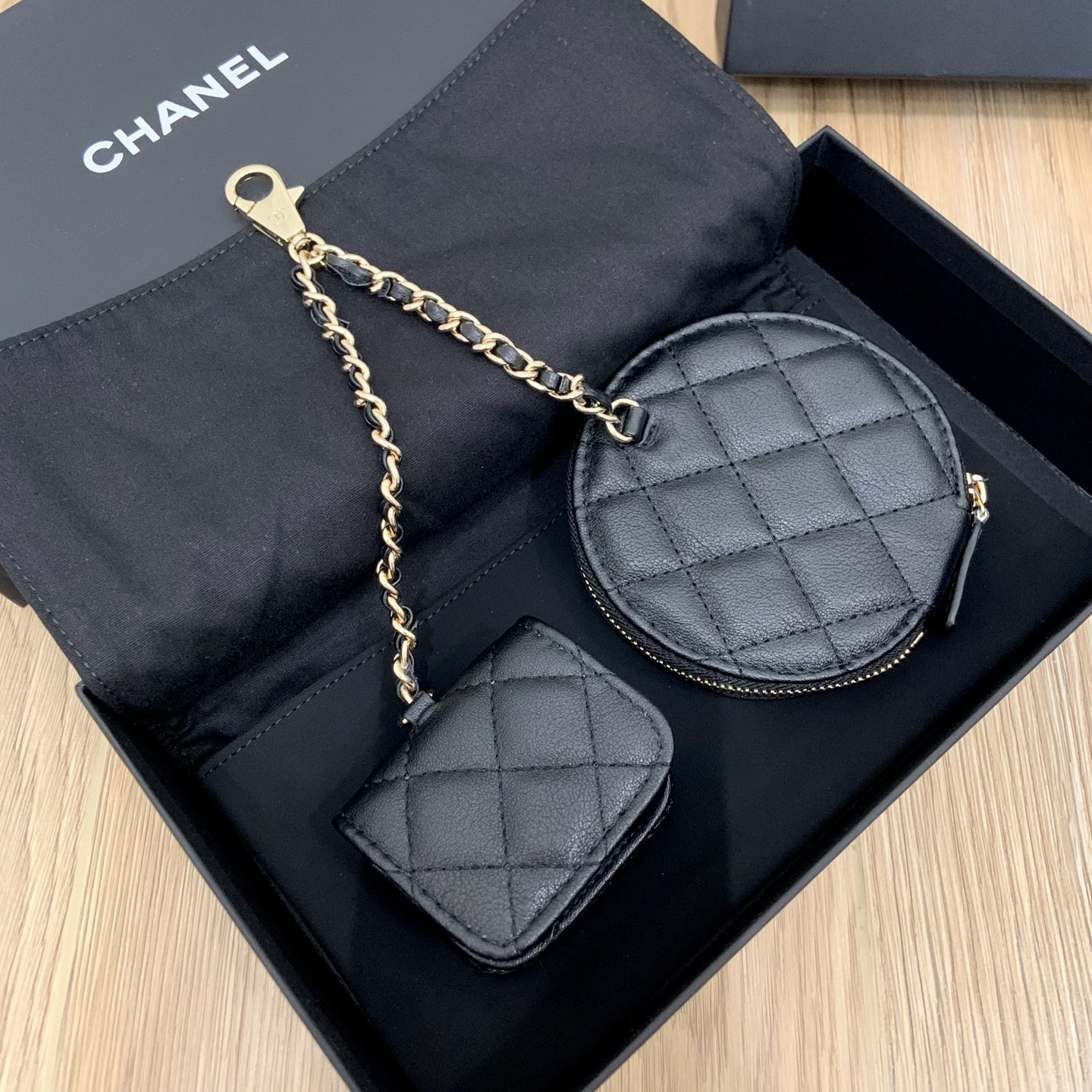 CHANEL Twin Pouch Set: Luxury Headphone Case & Round Coin Purse (Gold/Black) | Dust Bag + Gift Box