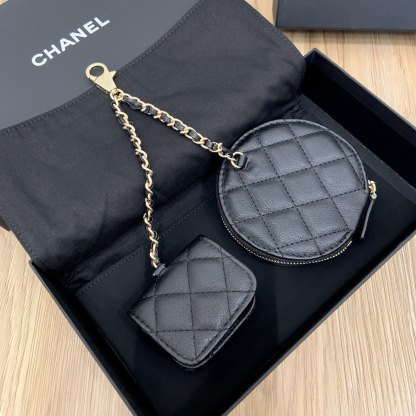 CHANEL Twin Pouch Set: Luxury Headphone Case & Round Coin Purse (Gold/Black) | Dust Bag + Gift Box