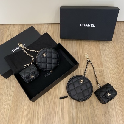 CHANEL Twin Pouch Set: Luxury Headphone Case & Round Coin Purse (Gold/Black) | Dust Bag + Gift Box