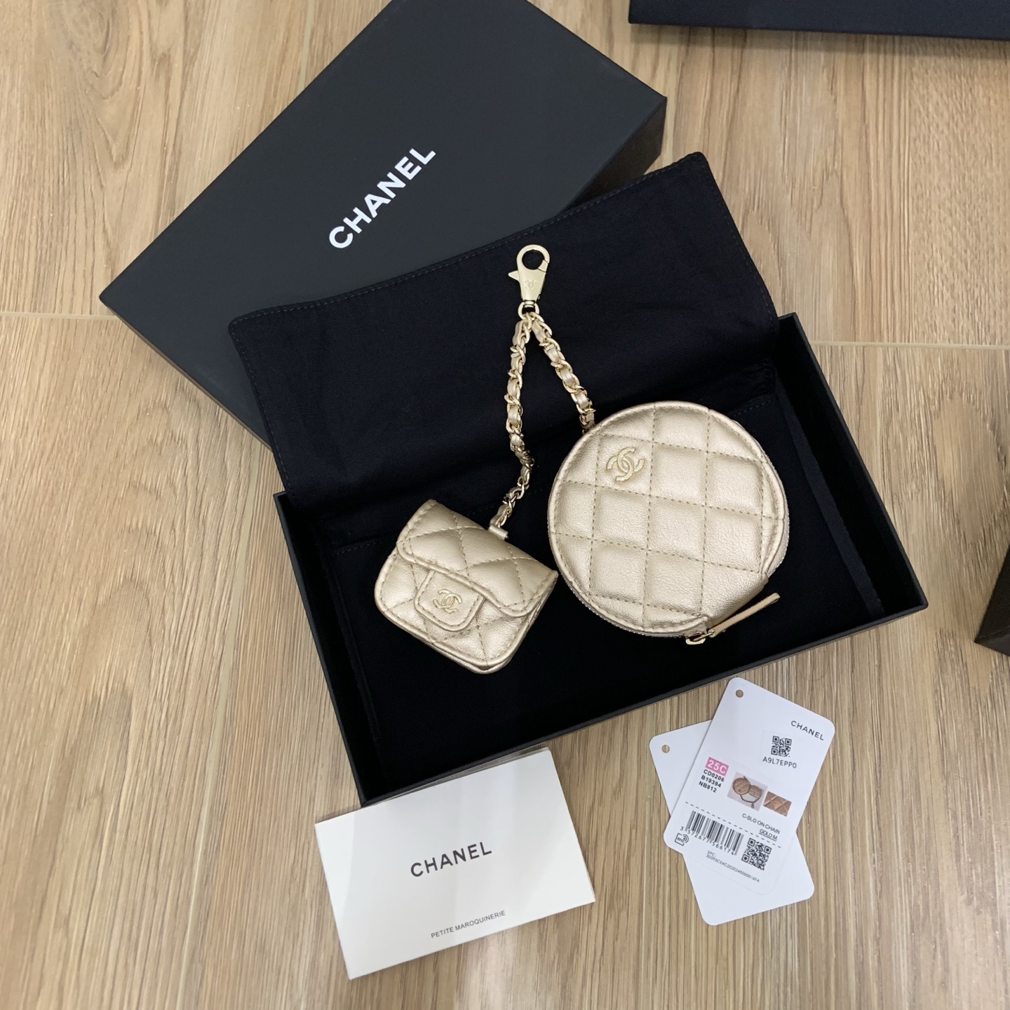 CHANEL Twin Pouch Set: Luxury Headphone Case & Round Coin Purse (Gold/Black) | Dust Bag + Gift Box