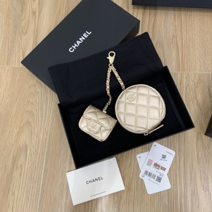 CHANEL Twin Pouch Set: Luxury Headphone Case & Round Coin Purse (Gold/Black) | Dust Bag + Gift Box