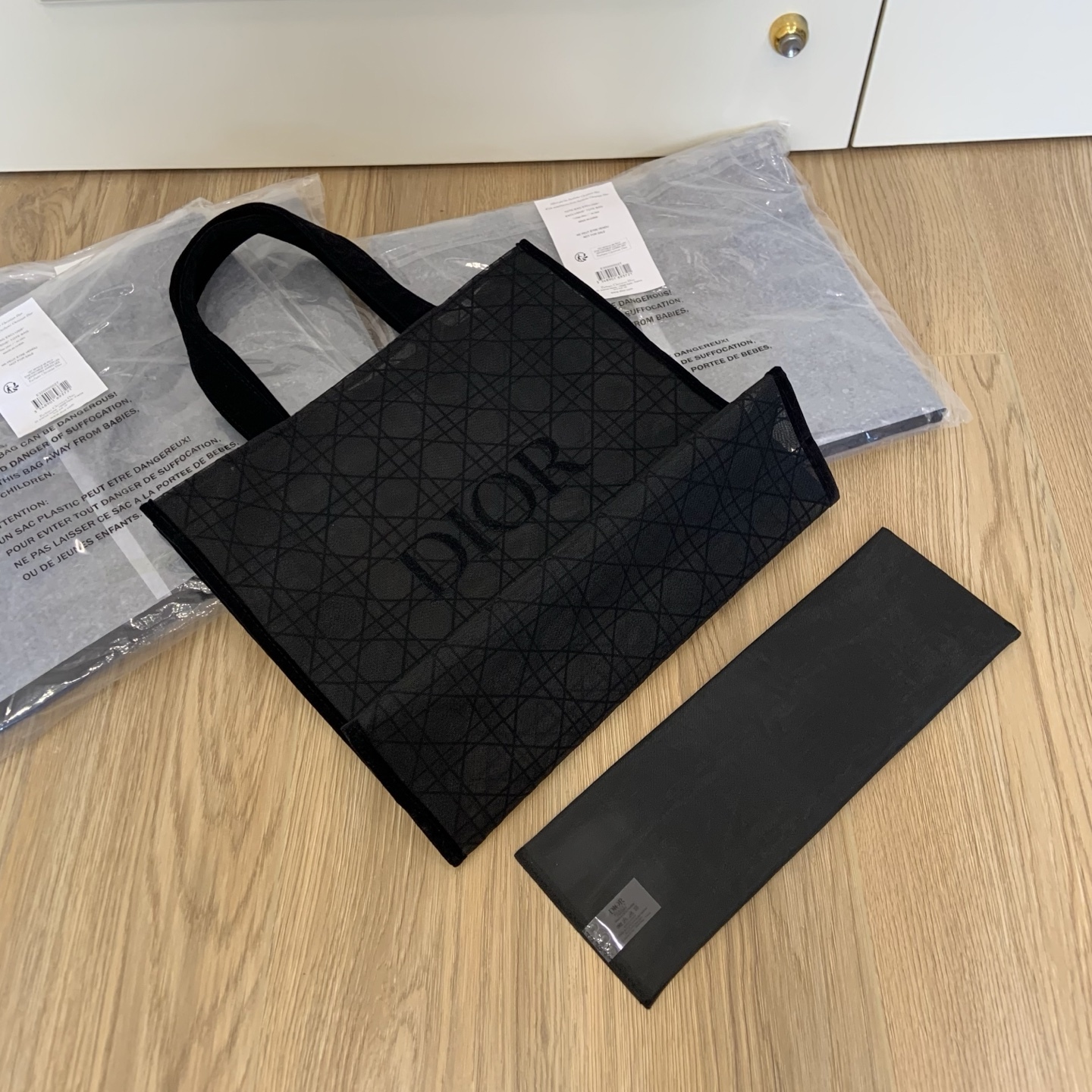 DIOR Cannage Mesh Tote Bag | Sheer Lace-Trim Tote 41x38x15cm (Black) - Work/Travel/Mom Bag