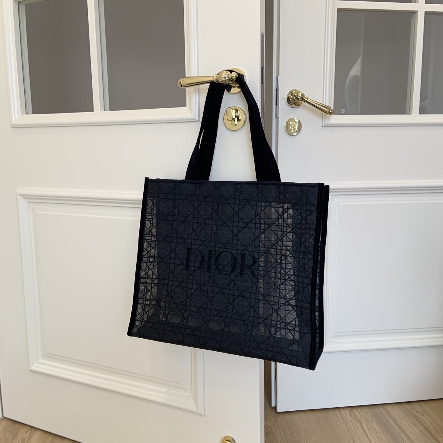 DIOR Cannage Mesh Tote Bag | Sheer Lace-Trim Tote 41x38x15cm (Black) - Work/Travel/Mom Bag