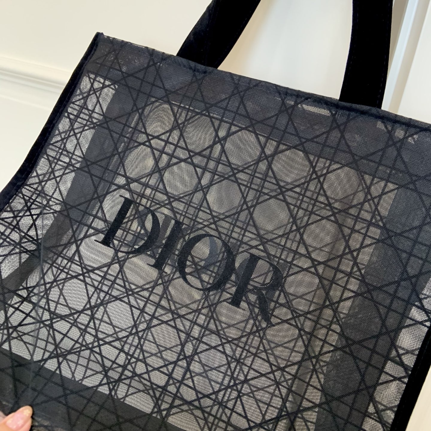 DIOR Cannage Mesh Tote Bag | Sheer Lace-Trim Tote 41x38x15cm (Black) - Work/Travel/Mom Bag
