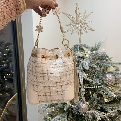 CHANEL-Inspired Tweed Bucket Bag | Adjustable Sphere Chain (White/Blue) 17cm + Snowflake Charm