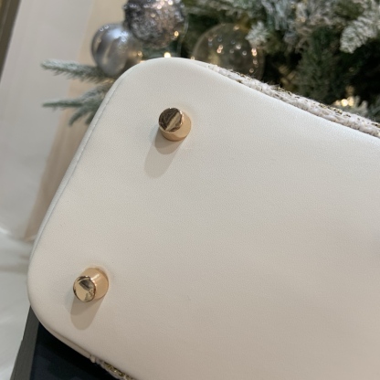 CHANEL-Inspired Tweed Bucket Bag | Adjustable Sphere Chain (White/Blue) 17cm + Snowflake Charm