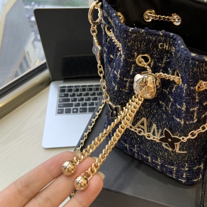 CHANEL-Inspired Tweed Bucket Bag | Adjustable Sphere Chain (White/Blue) 17cm + Snowflake Charm