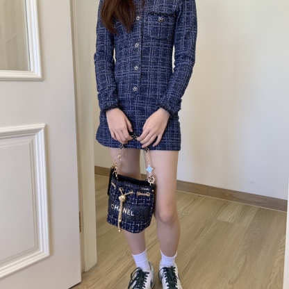 CHANEL-Inspired Tweed Bucket Bag | Adjustable Sphere Chain (White/Blue) 17cm + Snowflake Charm