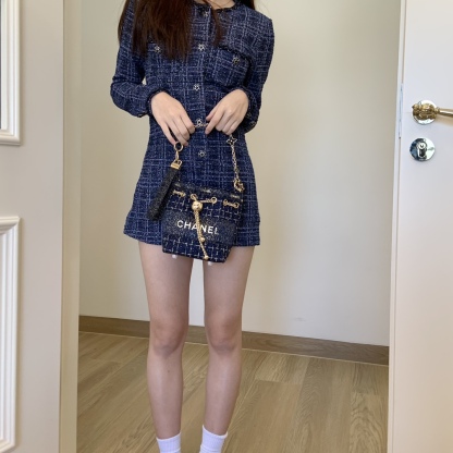 CHANEL-Inspired Tweed Bucket Bag | Adjustable Sphere Chain (White/Blue) 17cm + Snowflake Charm