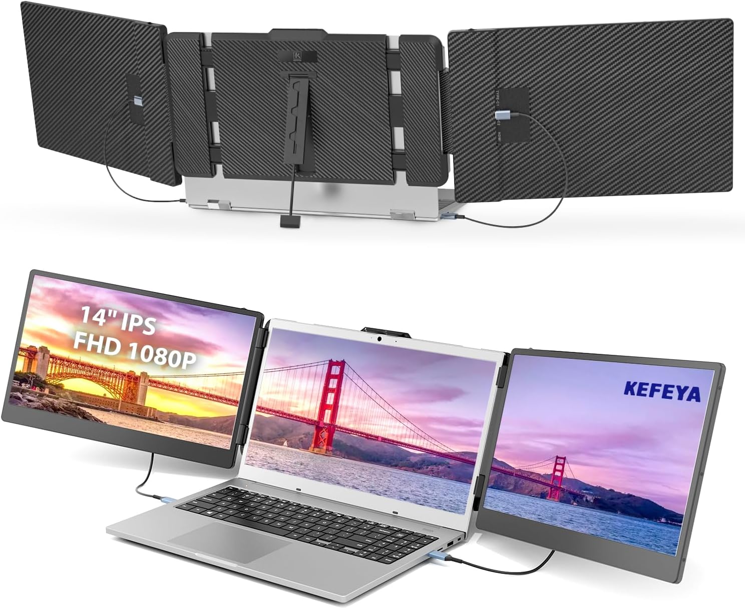 KEFEYA S2 Triple Screen Laptop Monitor Extender, 14" 1080P FHD Portable Monitor For 13”-17.3“ Laptop