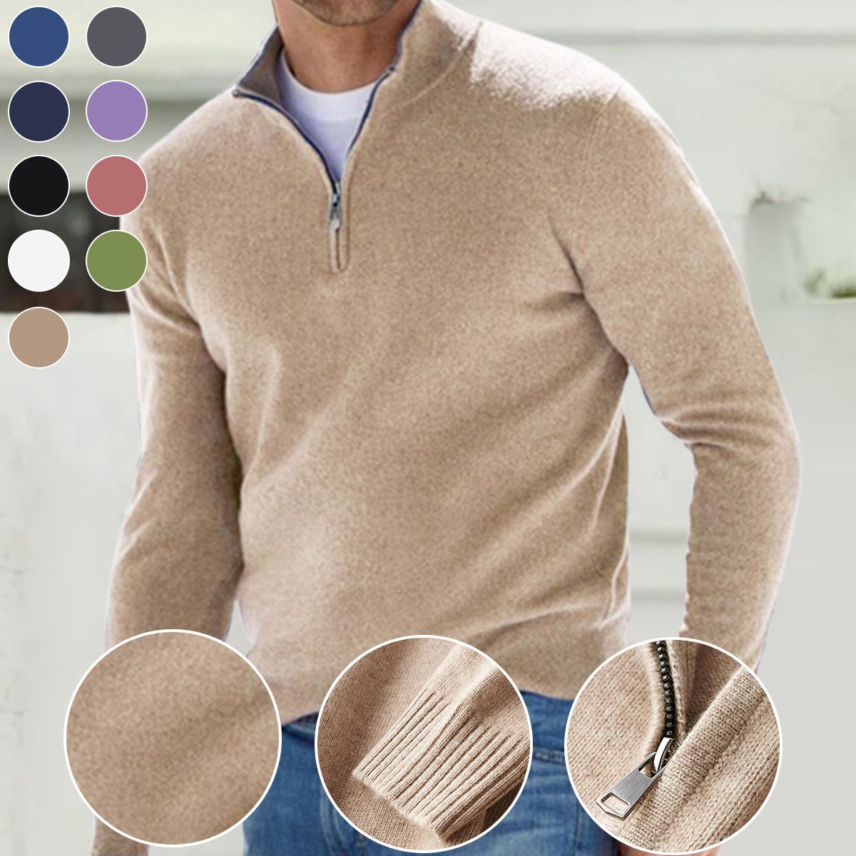 Diggetty New Men's Solid Color Long-Sleeved Terry Towelling Zipper Bottoming Shirt