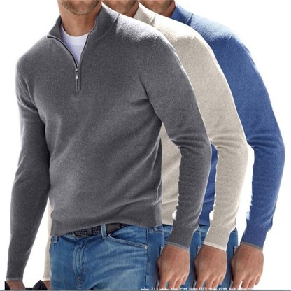 Diggetty New Men's Solid Color Long-Sleeved Terry Towelling Zipper Bottoming Shirt