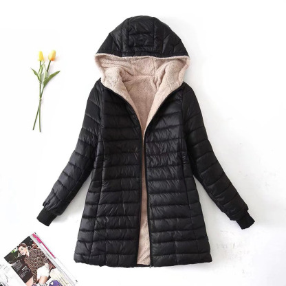 Women's mid-length sherpa hooded cotton jacket