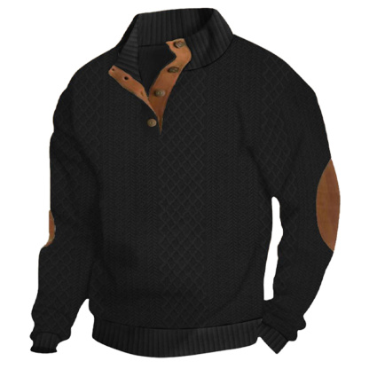 Men's New Embossed Pattern Stitching Design Henry Neck Long Sleeve Pullover