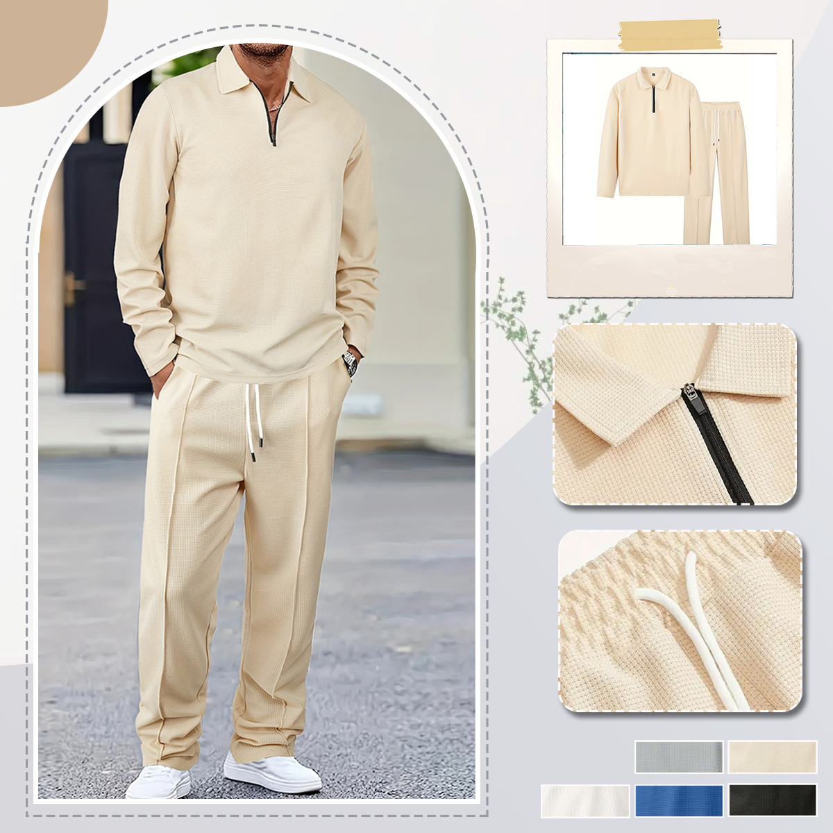 Men's stylish and comfortable lapel two-piece(top + pants) sports casual polo suit