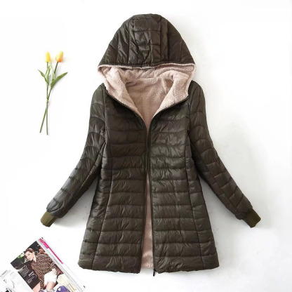 Women's mid-length sherpa hooded cotton jacket