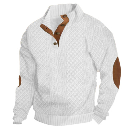 Men's New Embossed Pattern Stitching Design Henry Neck Long Sleeve Pullover