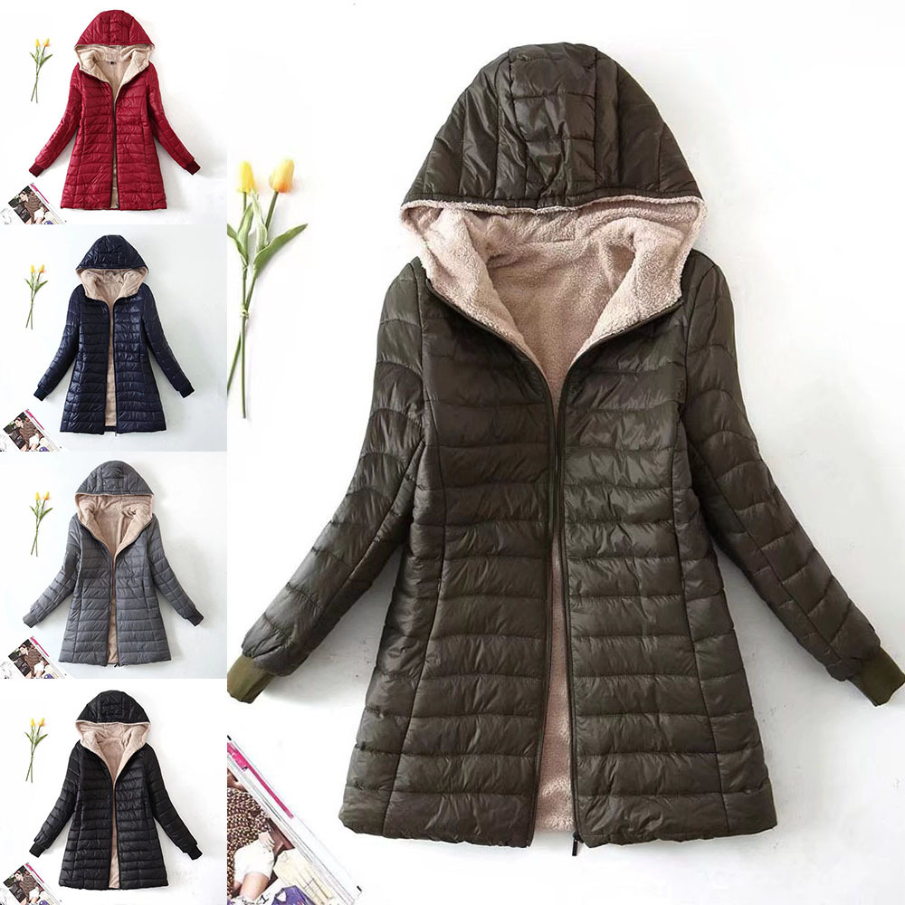 Women's mid-length sherpa hooded cotton jacket