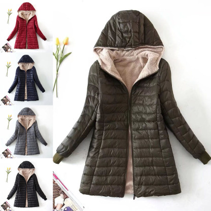 Women's mid-length sherpa hooded cotton jacket