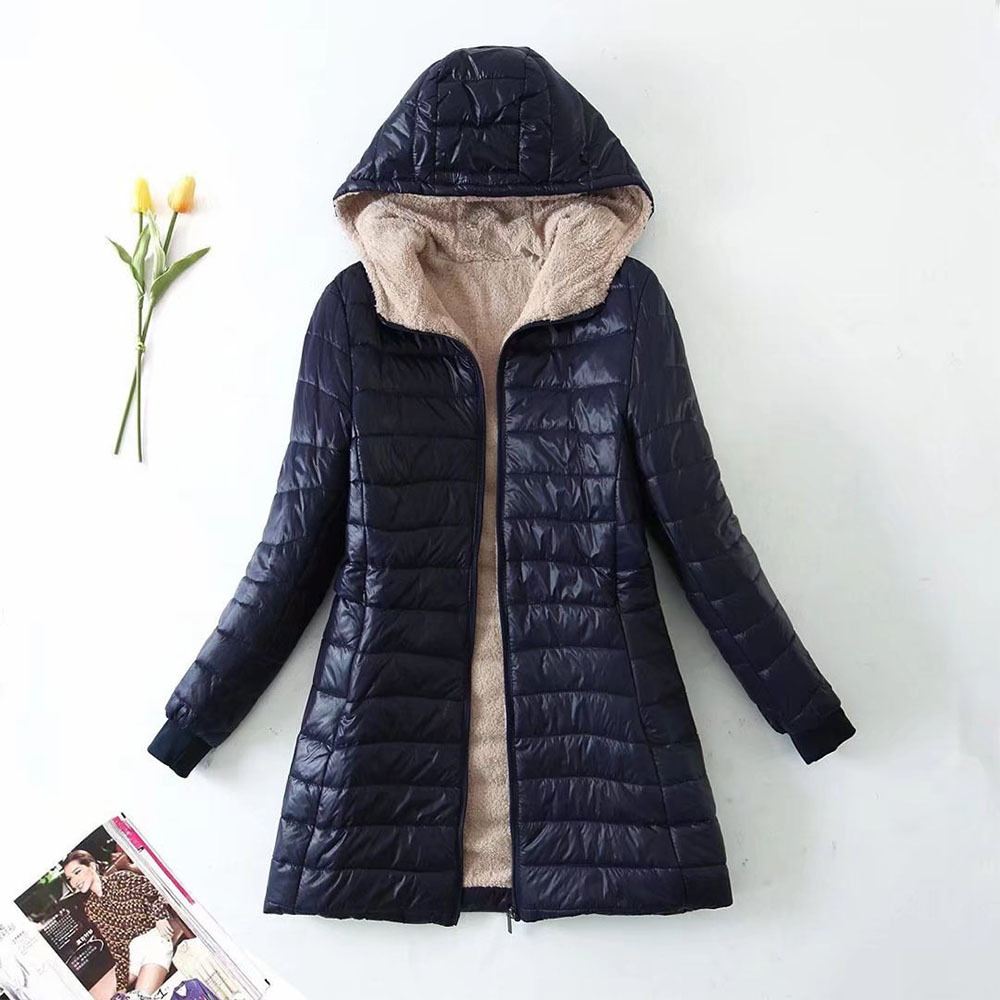 Women's mid-length sherpa hooded cotton jacket