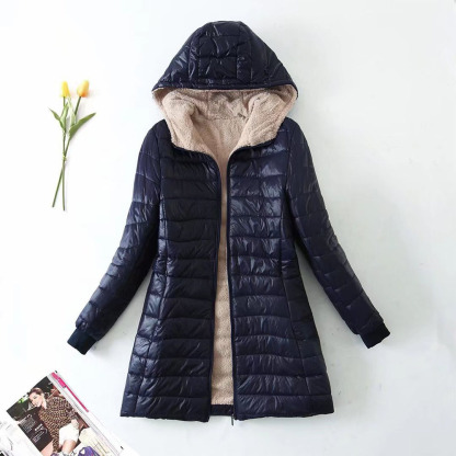 Women's mid-length sherpa hooded cotton jacket