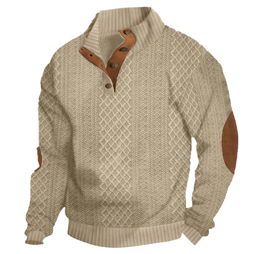 Men's New Embossed Pattern Stitching Design Henry Neck Long Sleeve Pullover