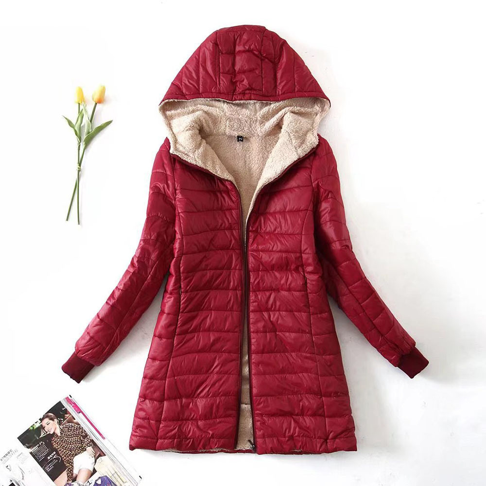 Women's mid-length sherpa hooded cotton jacket