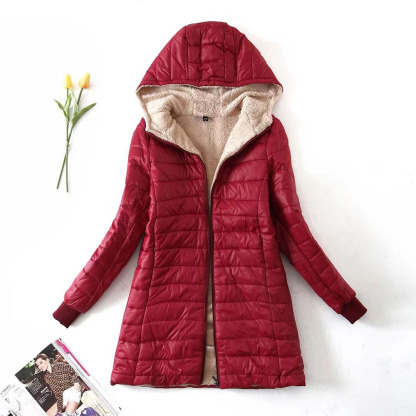 Women's mid-length sherpa hooded cotton jacket
