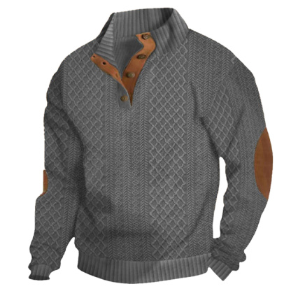 Men's New Embossed Pattern Stitching Design Henry Neck Long Sleeve Pullover