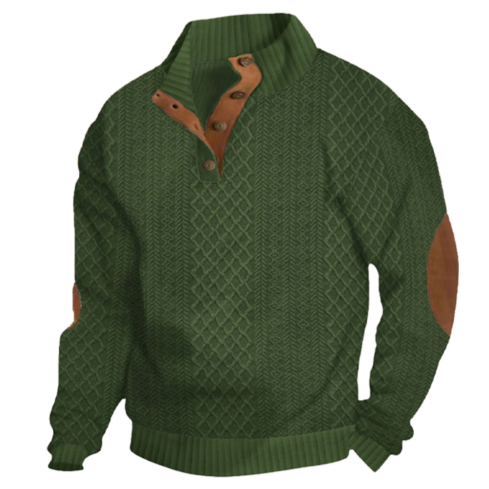 Men's New Embossed Pattern Stitching Design Henry Neck Long Sleeve Pullover