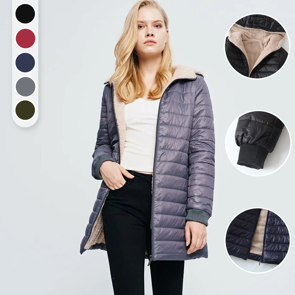 Women's mid-length sherpa hooded cotton jacket