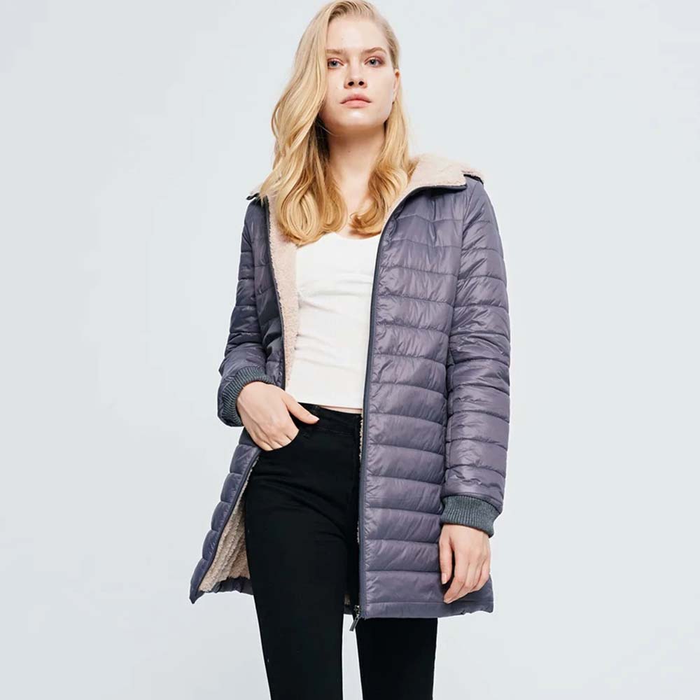 Women's mid-length sherpa hooded cotton jacket