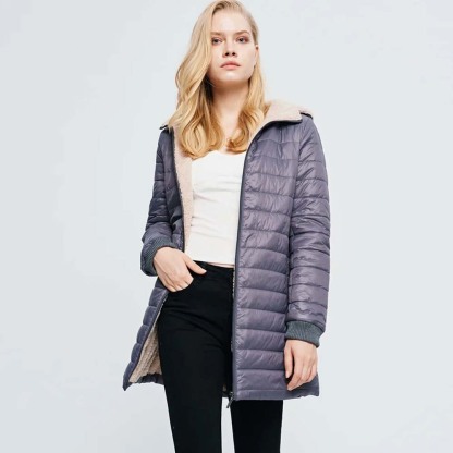 Women's mid-length sherpa hooded cotton jacket