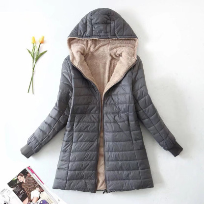 Women's mid-length sherpa hooded cotton jacket