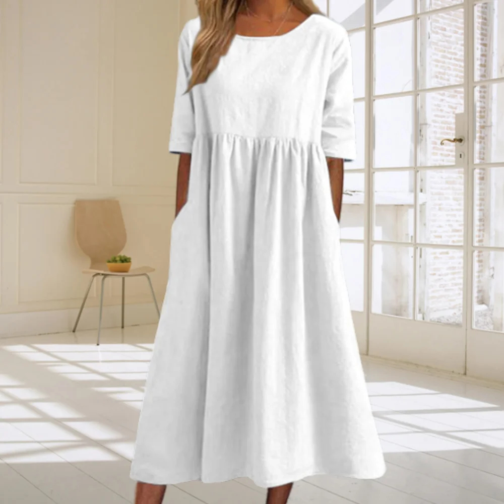 Summer new cotton and linen casual loose round neck dress